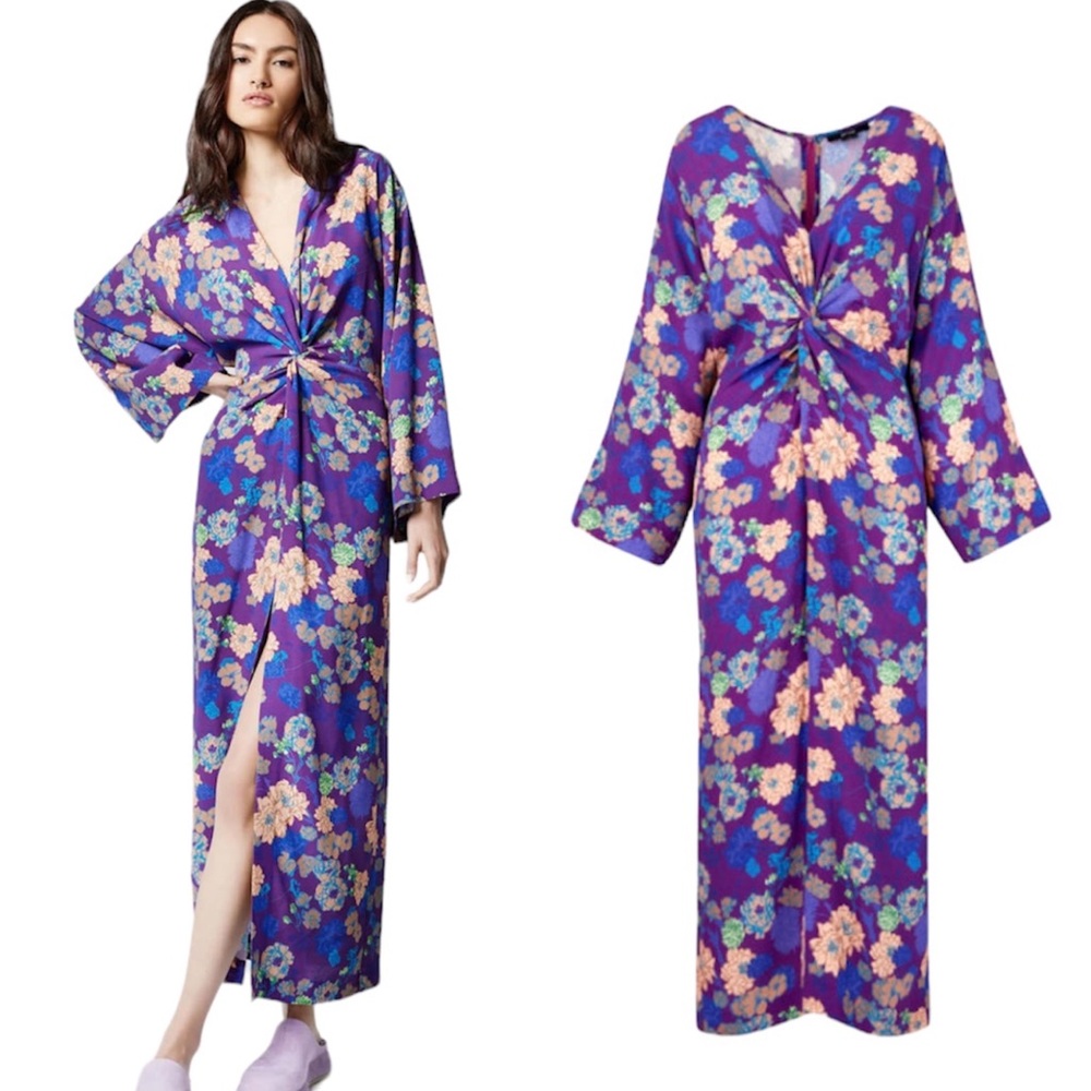 Smythe Violet Floral Twist Front V-Neck Kimono Style Dress Small
